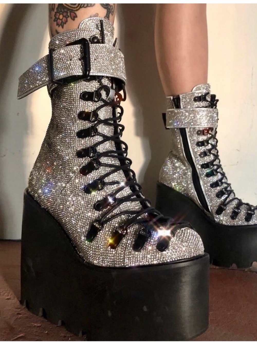 Dolls Kill Silver Crystal Lace-Up Platform Boots with Ankle Strap